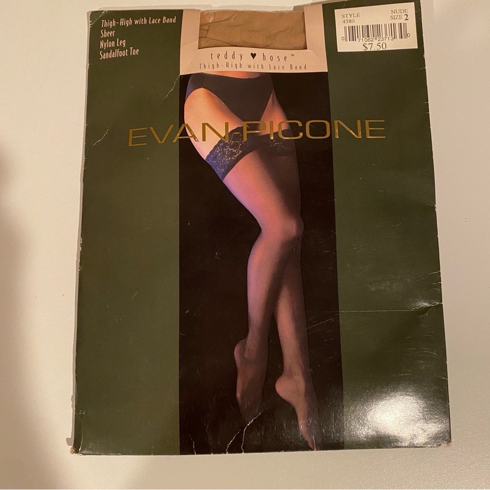 Evan Picone Vintage NWT Nude Teddy Hose Thigh High with Lace Band